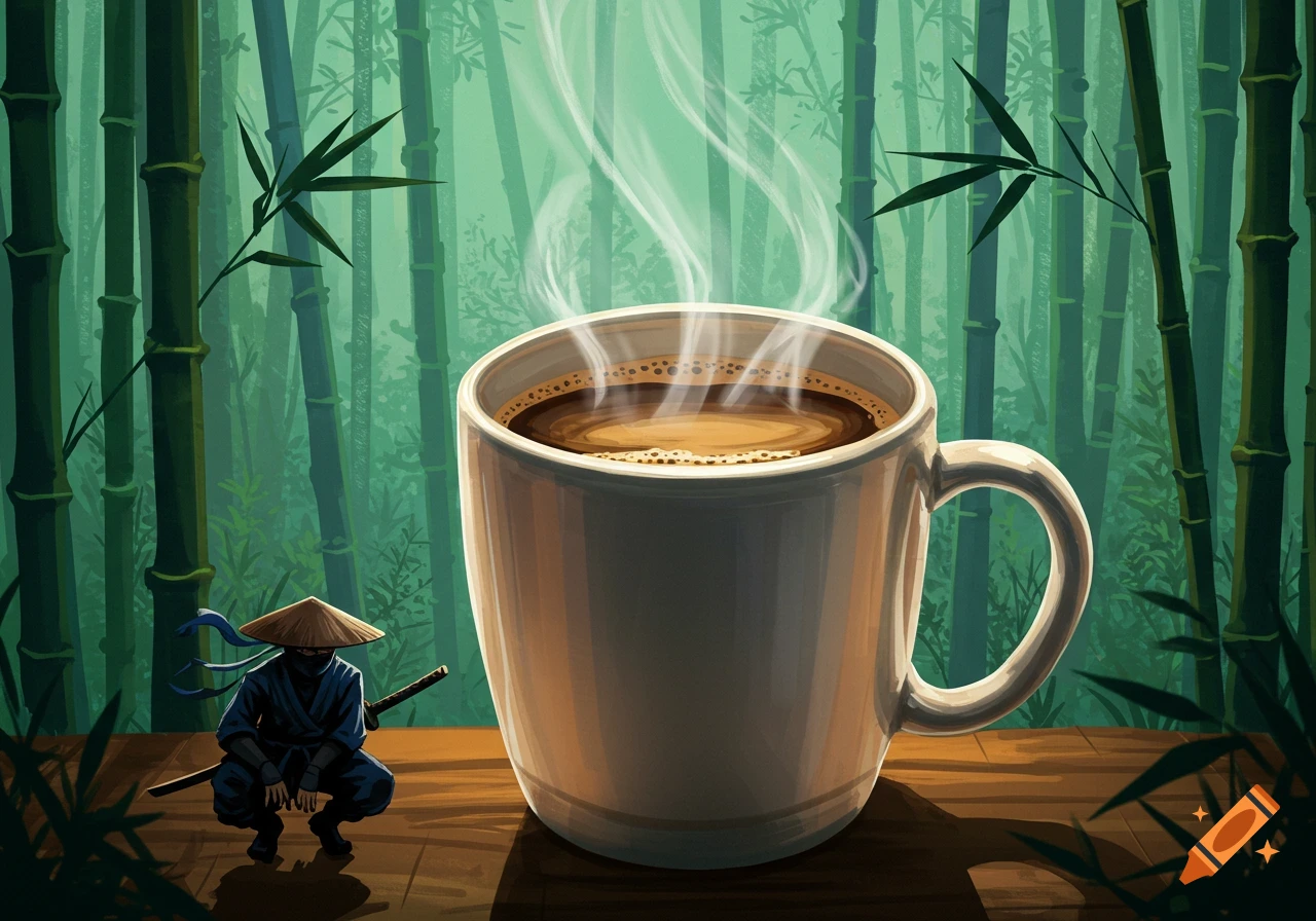 An illustration of a steaming coffee cup next to a crouched ninja in a bamboo forest.