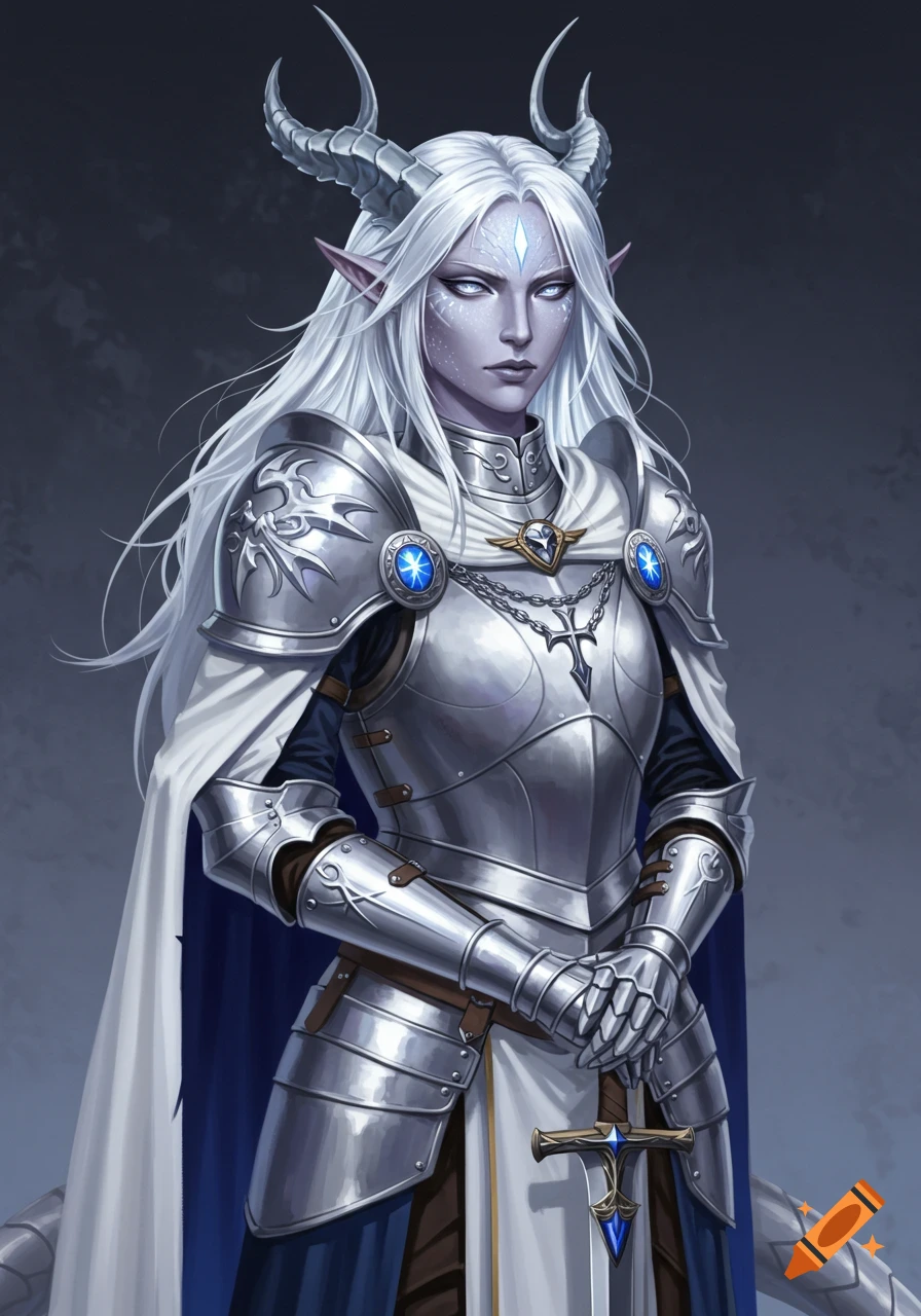 Fantasy character in shining silver armor with horns and a white cloak, holding a sword.