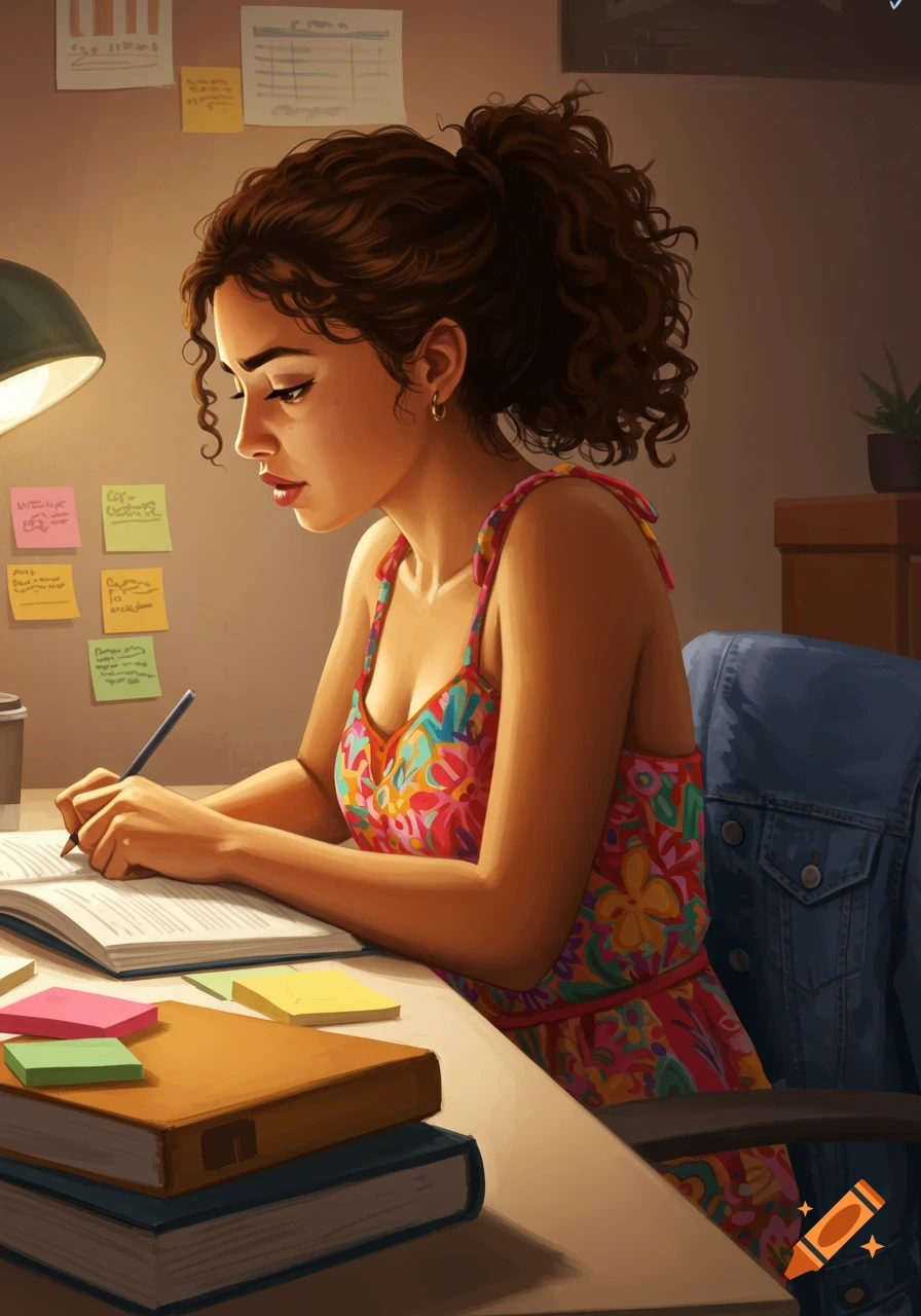 Illustration of a Latina woman with curly hair studying at a desk with books and sticky notes, illuminated by a lamp.