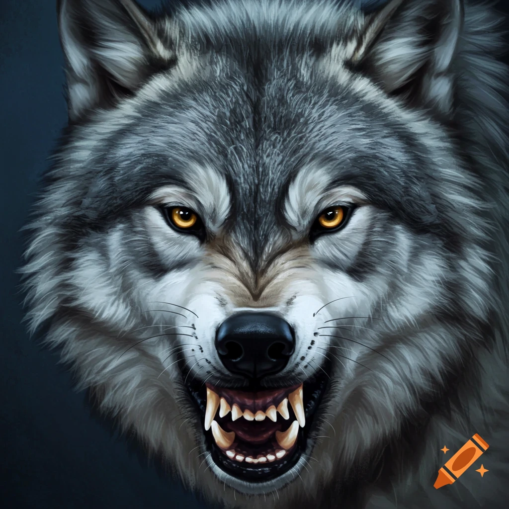 Close-up portrait of a snarling gray wolf showing teeth with orange eyes