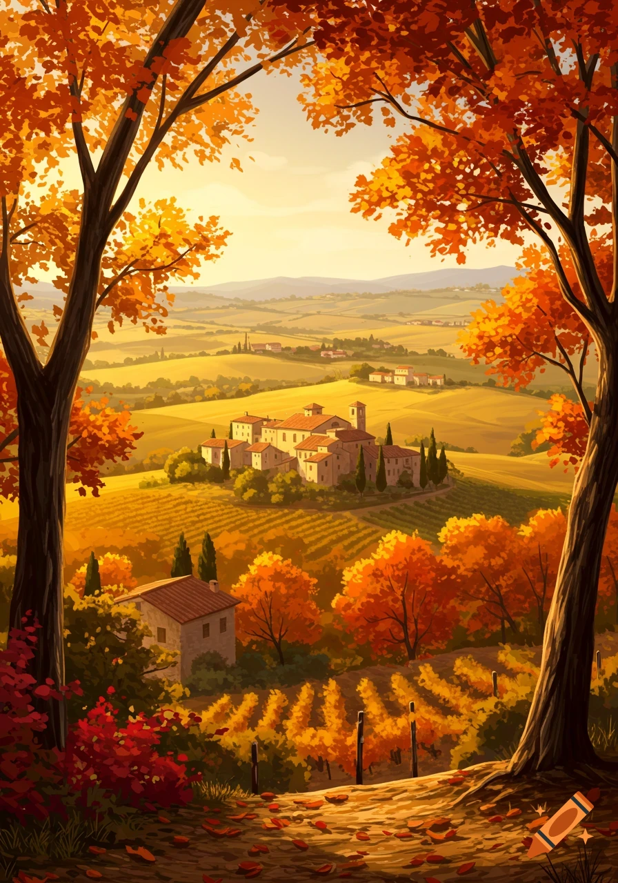 An illustration of an Italian landscape in autumn with vineyards, a village, and trees.