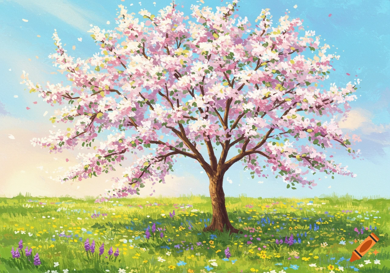Painting of a cherry blossom tree in a field of wildflowers under a blue sky.