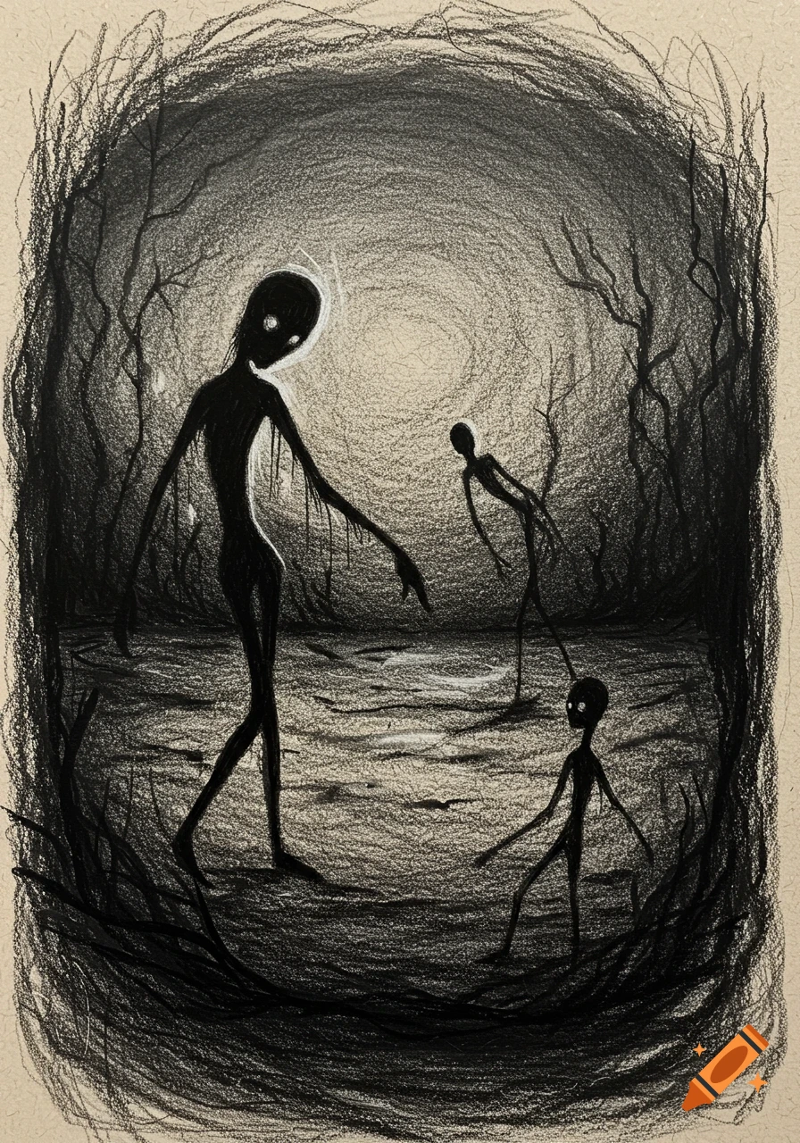 A black and white sketch shows three shadowy, stick-like figures with glowing eyes in a dark, eerie landscape with twisted trees.
