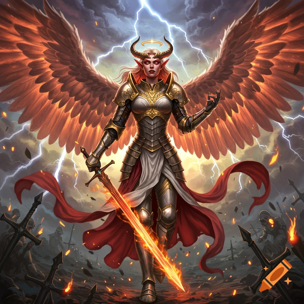 Fantasy digital art of a horned angel warrior in armor with fiery wings, holding a glowing sword on a battlefield under a lightning storm.
