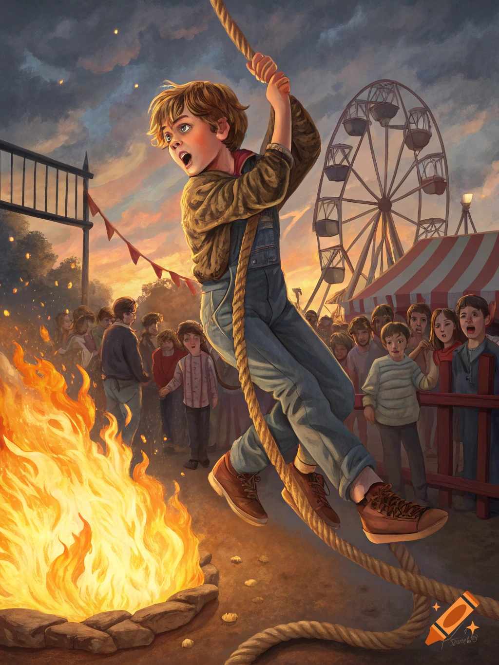 Painting of a scared boy on a rope over a bonfire at a fair, watched by a crowd.