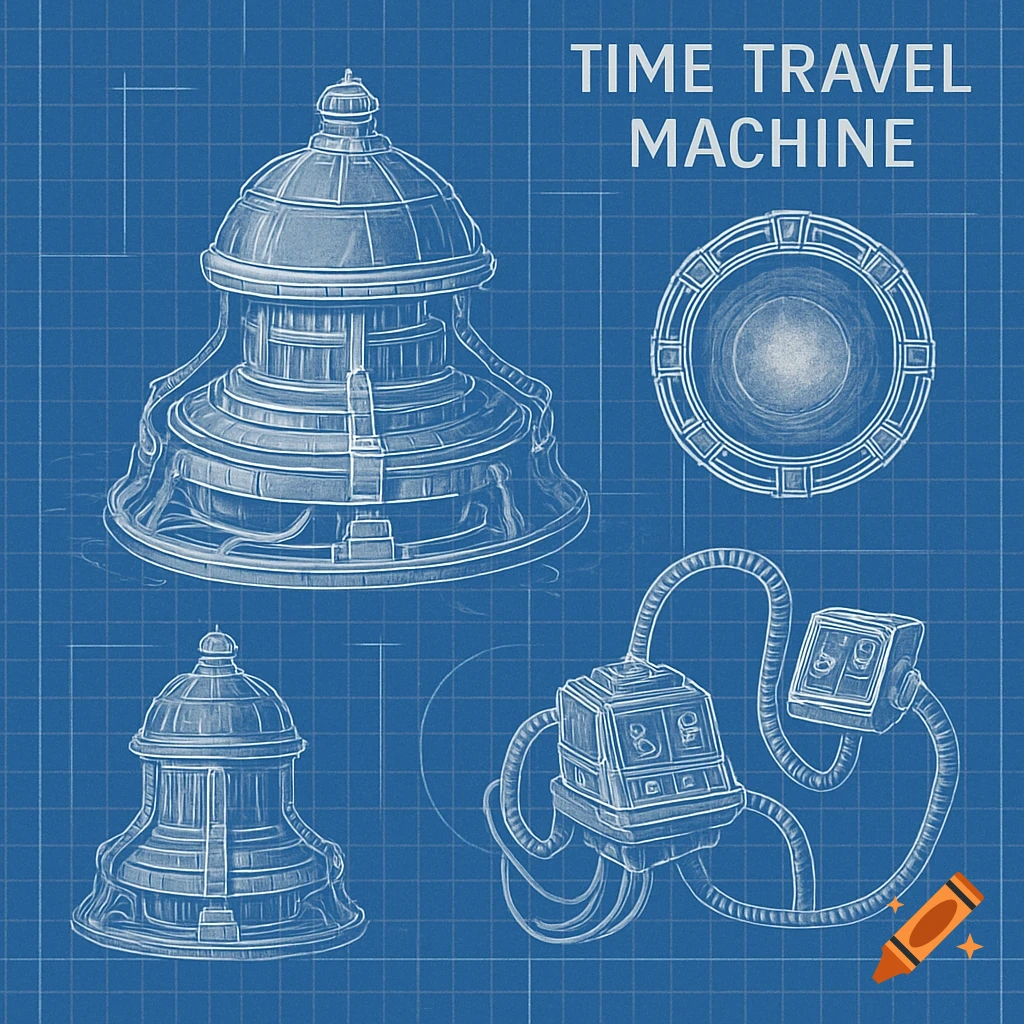 A sci-fi blueprint illustration of a time travel machine with different views and title text.