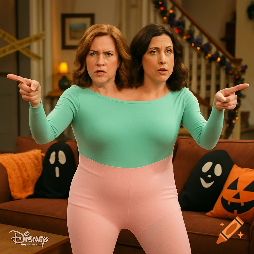 Two women sharing one body in a teal and pink leotard point in opposite directions in a Halloween decorated room.