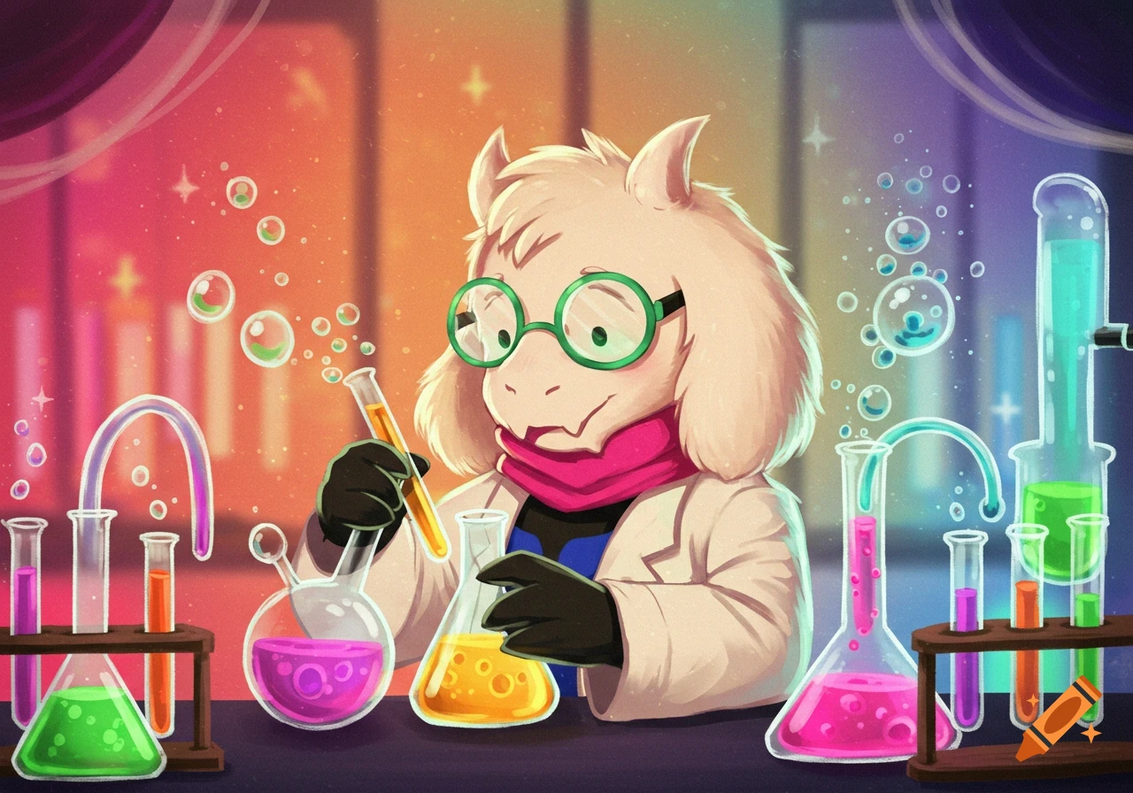 Ralsei from Deltarune in a science lab, holding a test tube.