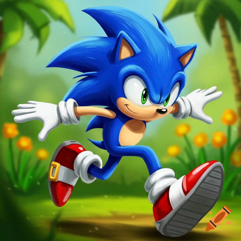 Sonic the Hedgehog runs forward in a jungle forest