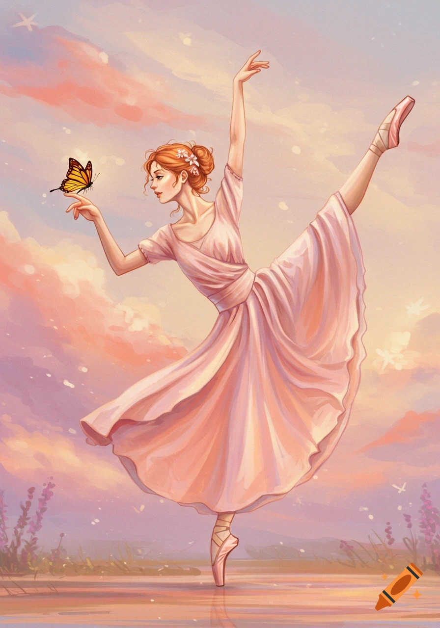 Illustration of a ballerina with a butterfly on her finger in a dreamy sky