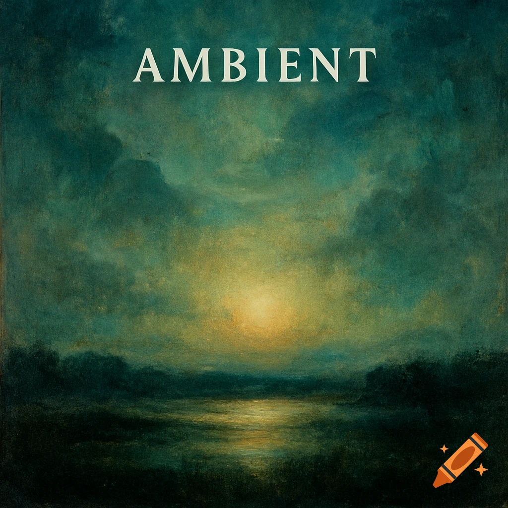 Painting of a dark, cloudy landscape with a bright sun reflecting on water, with the word AMBIENT at the top.
