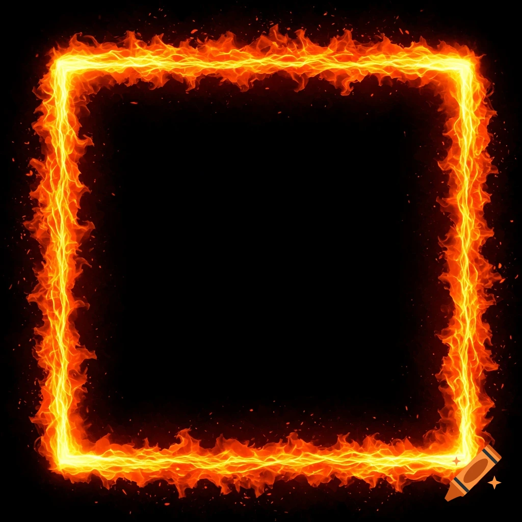 A rectangular frame made of bright orange and yellow flames on a black background.