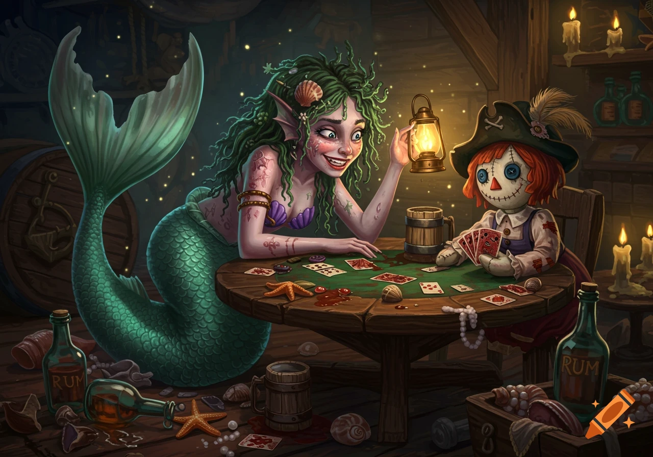 A smiling mermaid with green hair plays poker with a raggedy doll in a dimly lit tavern, surrounded by rum bottles and playing cards.