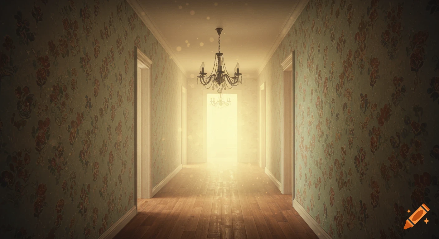 A long hallway with floral wallpaper and a chandelier, leading to a bright light at the end.