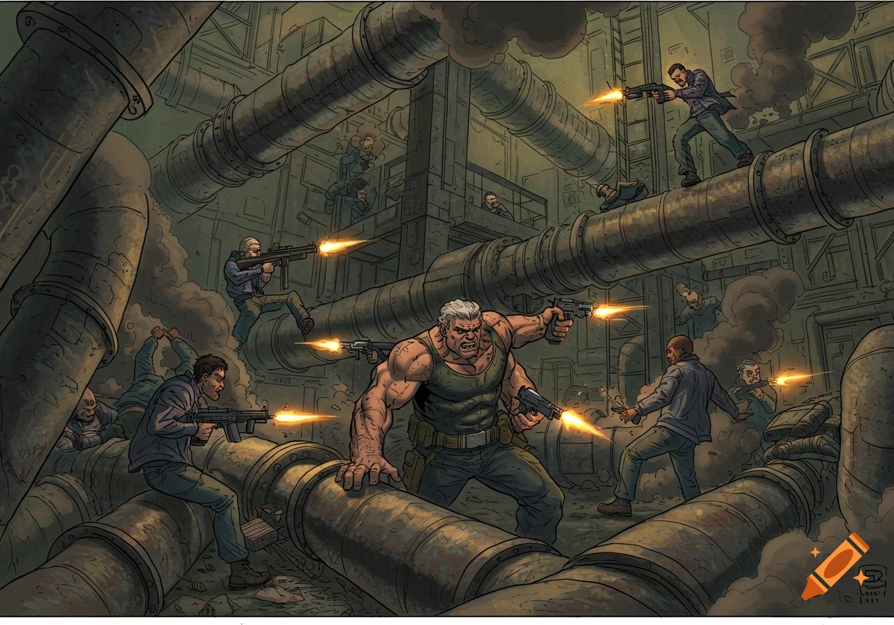 Comic book style illustration of a gunfight in an industrial area with giant pipes. A muscular man stands center, firing pistols.