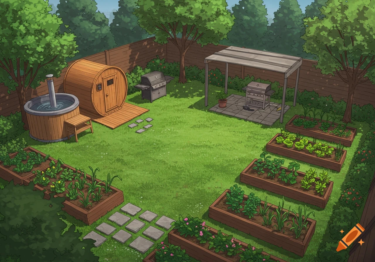 Cartoon illustration of a backyard with a sauna, plunge pool, BBQ patio, and raised garden beds.