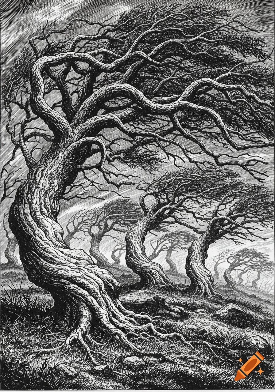 Black and white drawing of gnarled, wind-blown trees