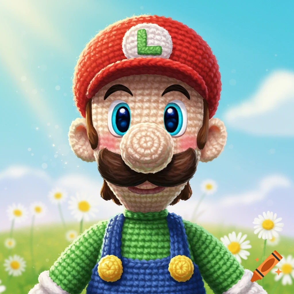A close-up of a crochet amigurumi of Luigi from Super Mario Bros standing in a field of daisies.