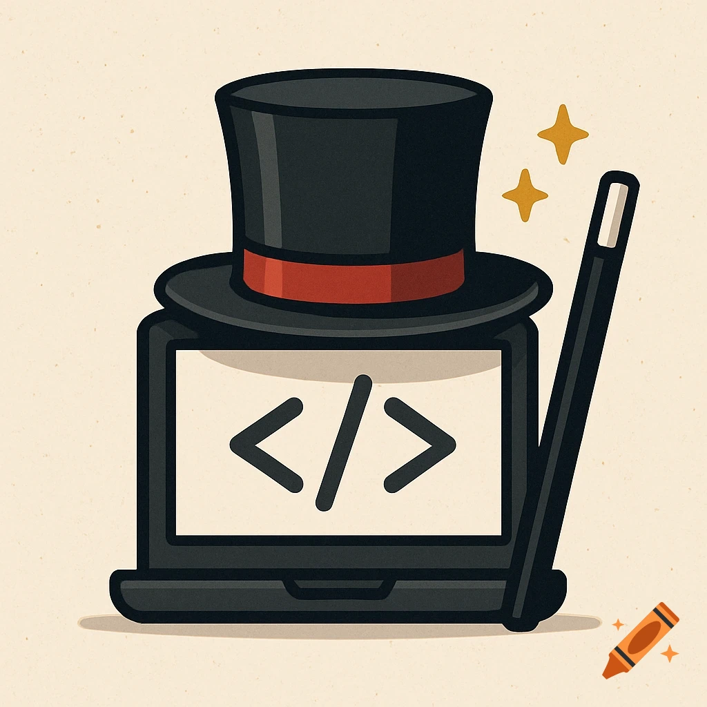 Illustration of a magician's top hat on a laptop screen with code symbols and a magic wand.