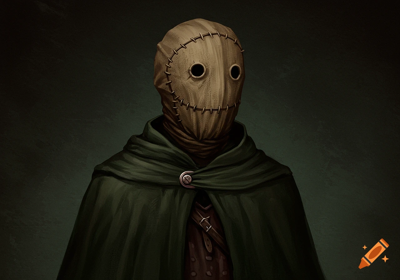 A figure wearing a sack mask with stitched features and eyeholes, covered by a dark green cloak.