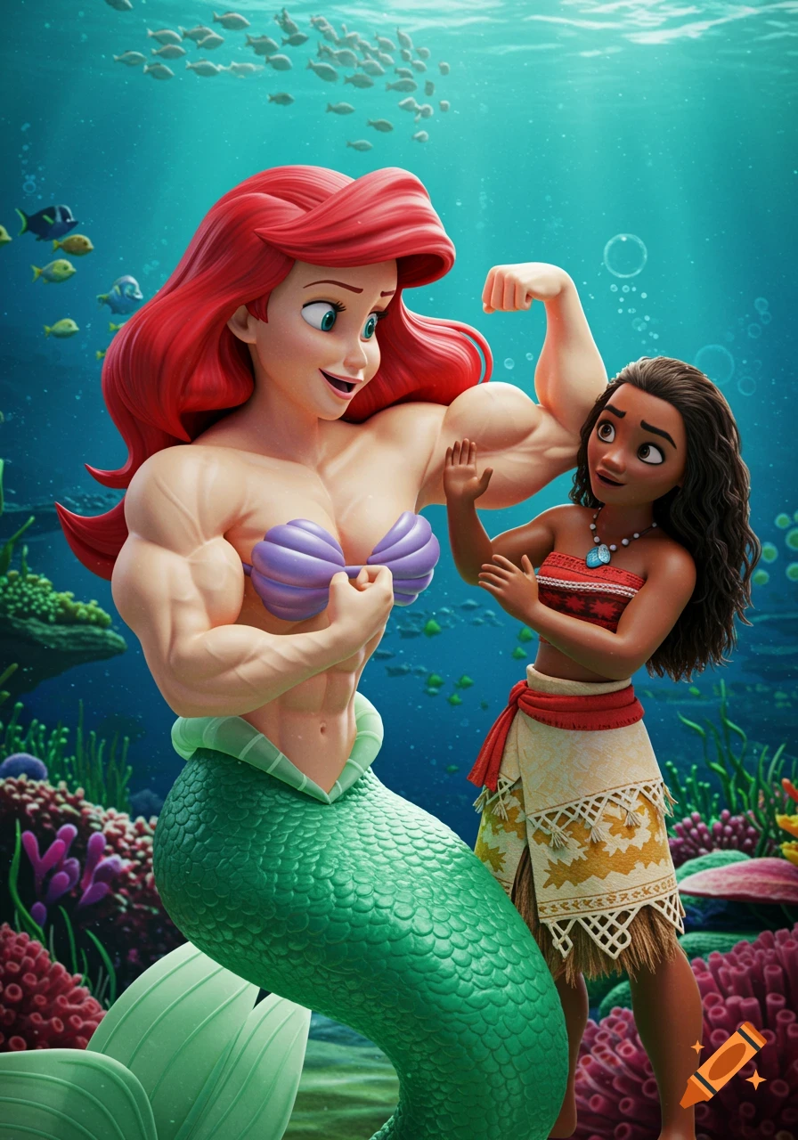 3D illustration of a muscular Ariel flexing her bicep as Moana touches her arm underwater.