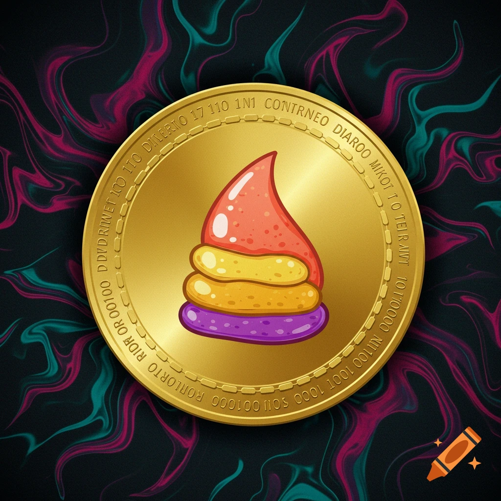 A golden coin with a layered red, yellow, and purple object in the center on a dark swirling background.