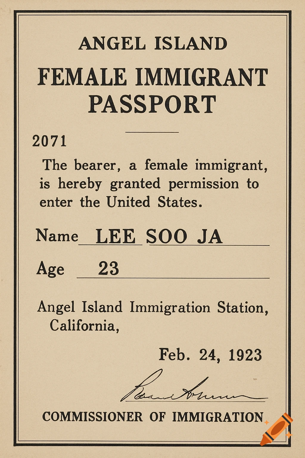 Angel Island Female Immigrant Passport dated Feb. 24, 1923, for Lee Soo Ja, age 23.