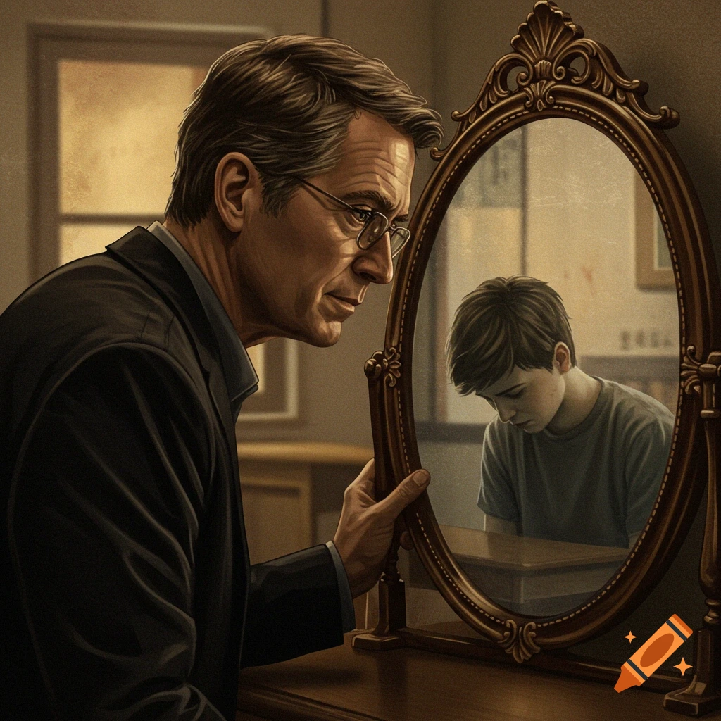 A man looks into a mirror, seeing the reflection of a sad young student.