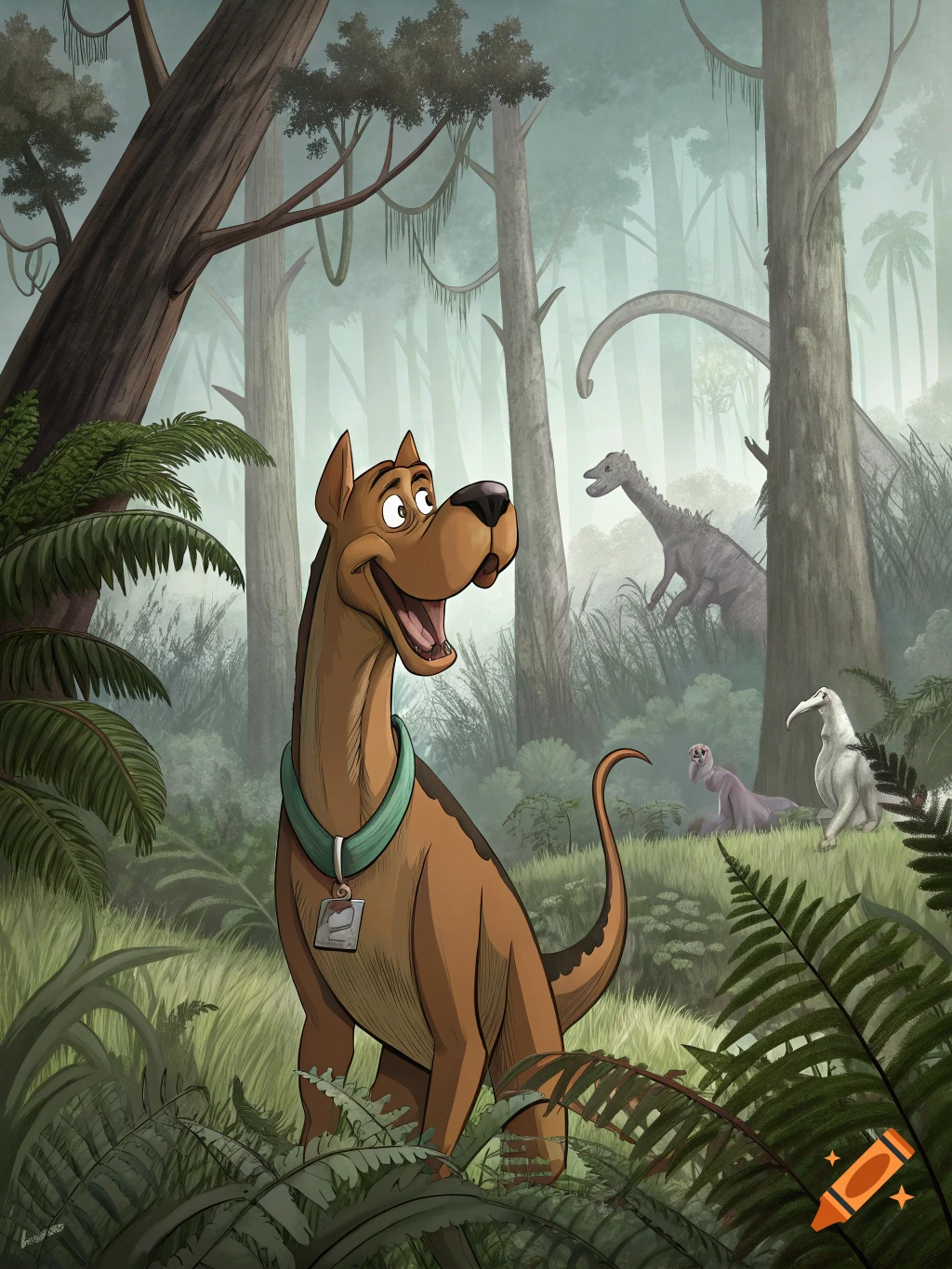 Cartoon Scooby-Doo as a dinosaur in a prehistoric jungle with other dinosaurs.