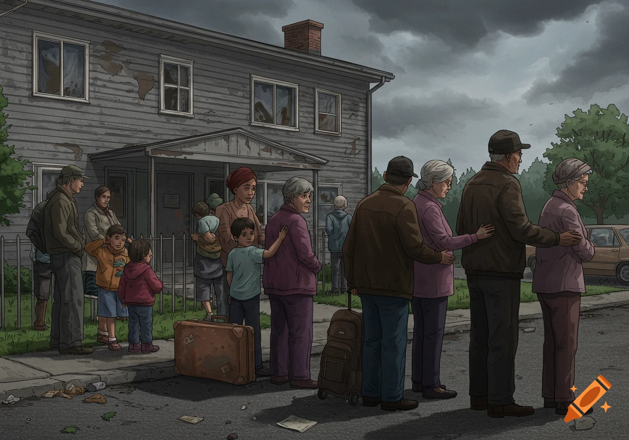 Illustration of people lining up with suitcases in front of a dilapidated building under a stormy sky.