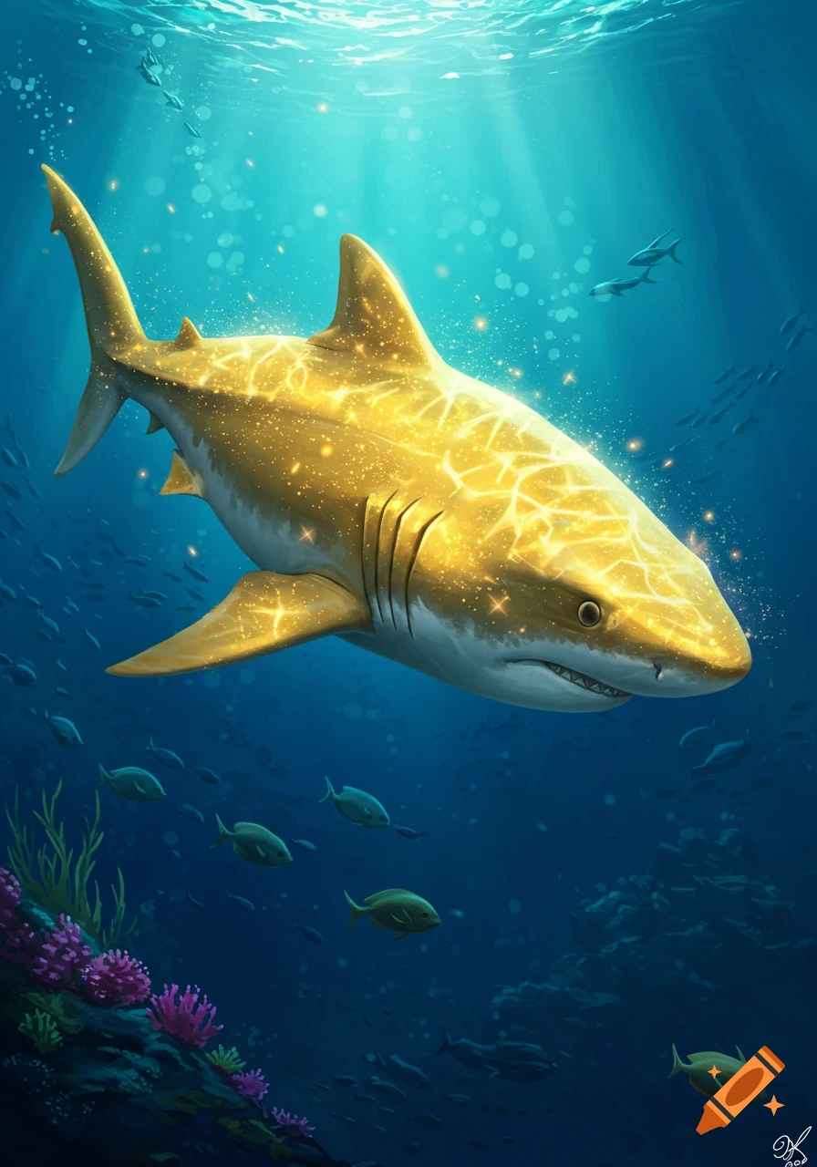 A sparkling golden shark swims in the blue ocean surrounded by smaller fish, light rays beam from above.