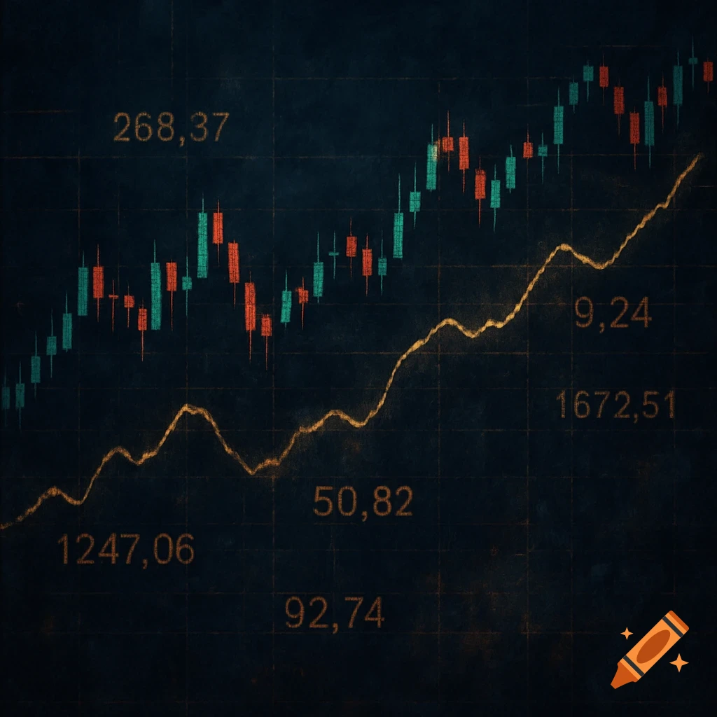 Dark stock market chart with candlestick graph, line graph, and numbers.