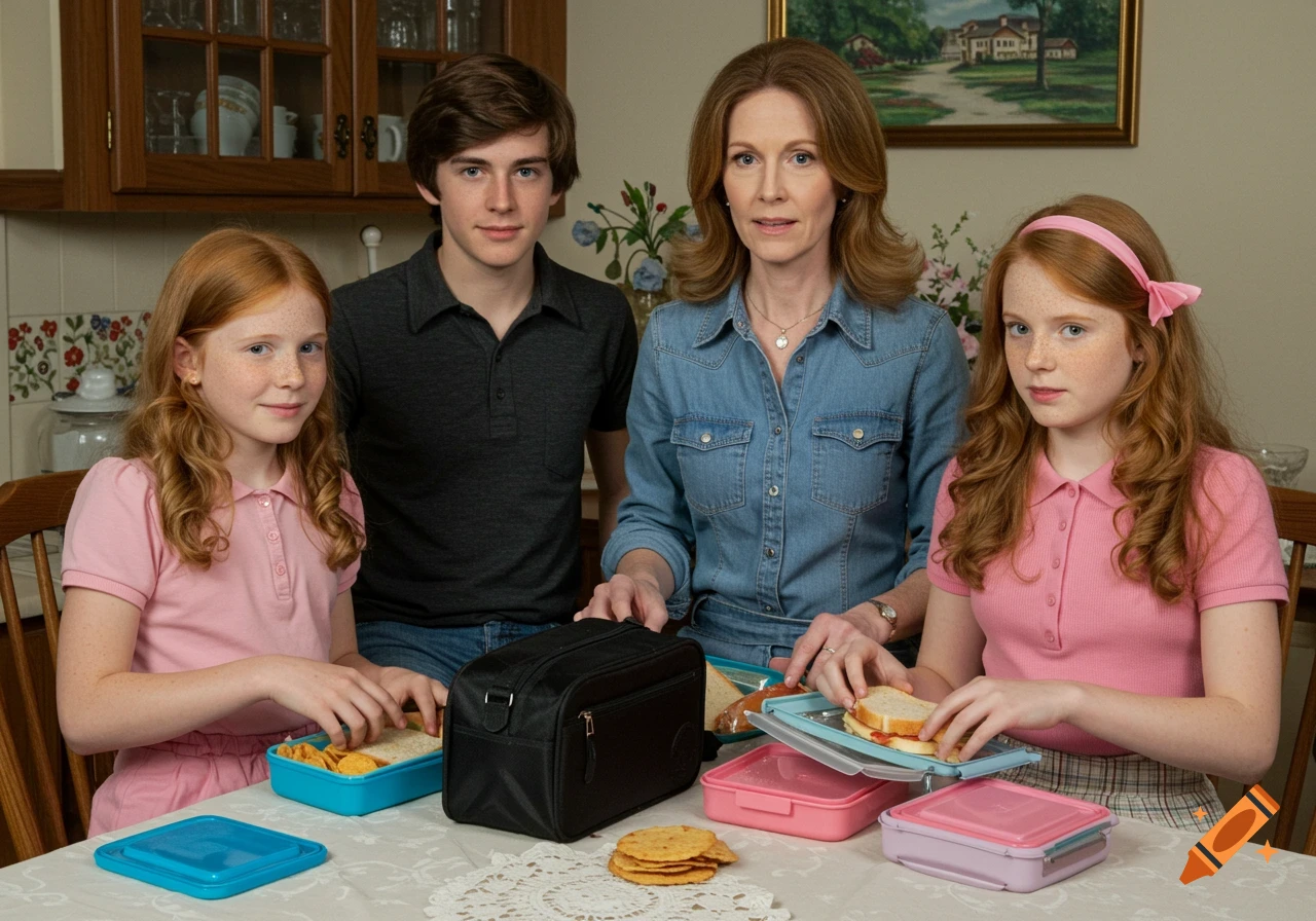 Mother and three children packing lunchboxes at a table.