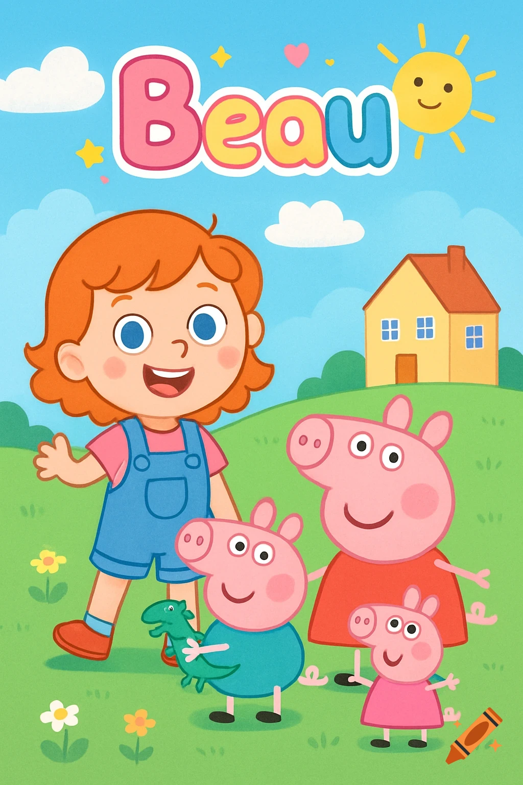 Cartoon girl and pig characters in a sunny field with a house and text 'Beau' at the top, children's illustration style.