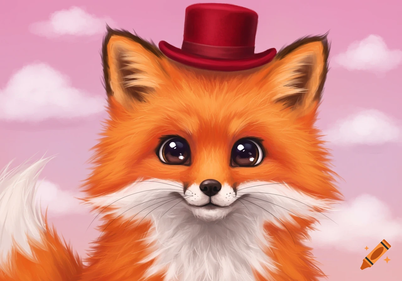 Close-up illustration of a cute fox wearing a red top hat against a pink sky.