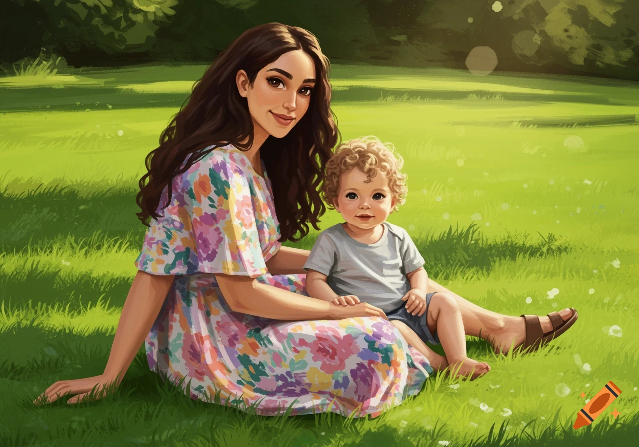 Illustration of a woman and toddler sitting on green grass in a park.
