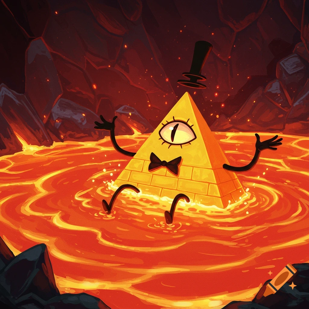 Bill Cipher swimming in a pool of lava