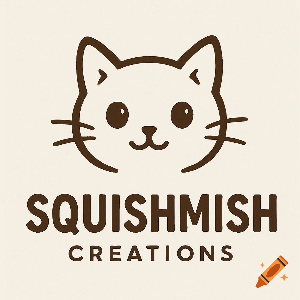 Simple cartoon logo of a cat's head above the text SQUISHMISH CREATIONS.
