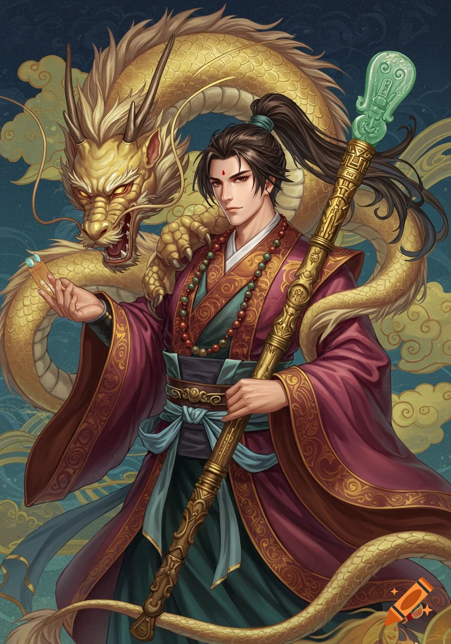 A man in traditional clothing stands with a golden dragon behind him in a fantasy art style.