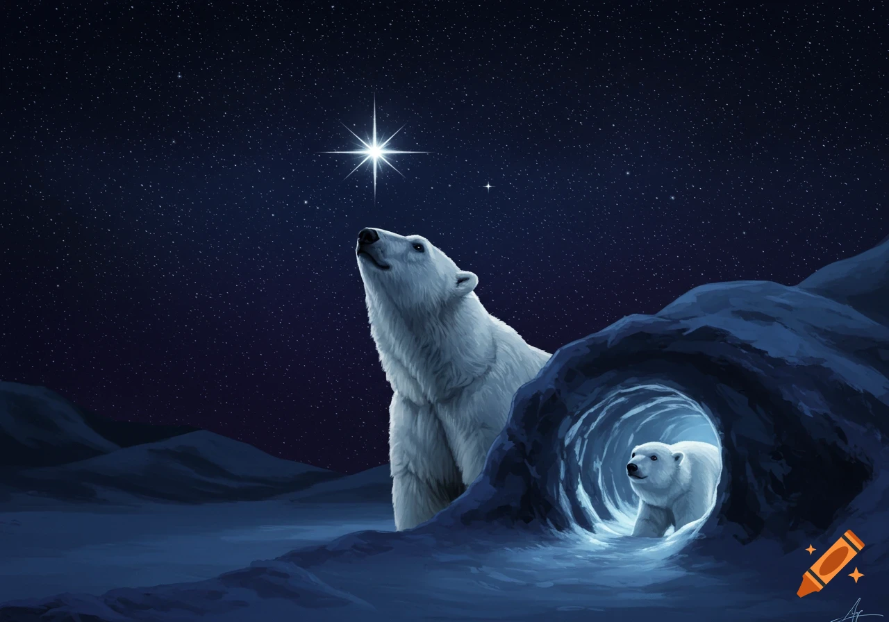 An illustration of a polar bear and cub looking up at a bright star in a snowy, starry landscape.