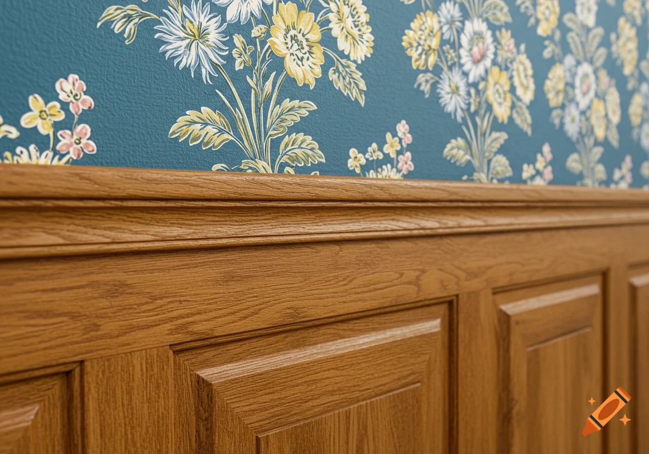 Close-up of wood paneling below blue floral wallpaper