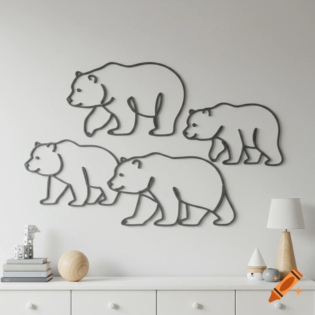 Four outline drawings of bears on a white wall above a dresser.