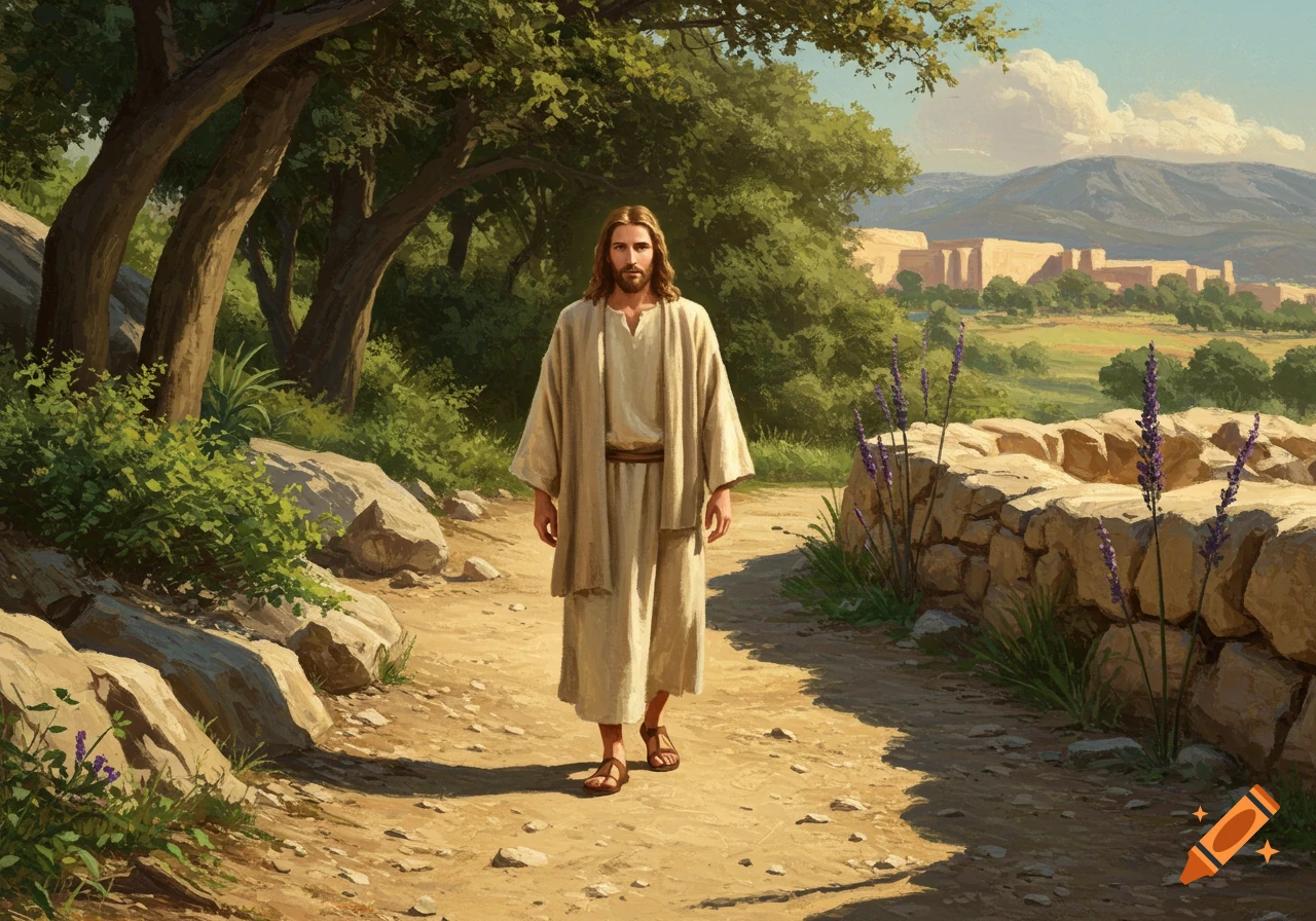 Jesus walks along a dirt path in a landscape with trees, rocks, flowers, and a town in the distance.