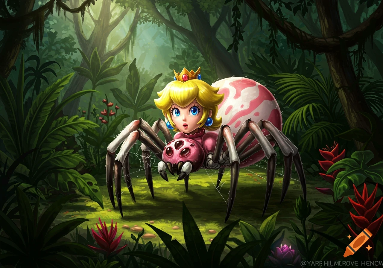 Princess Peach as a spider in a jungle.