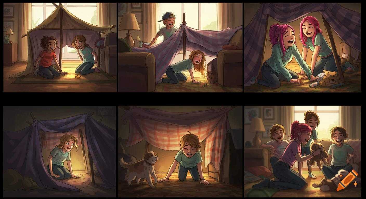 Six-panel illustration storyboard of children and a dog playing in a blanket fort indoors.