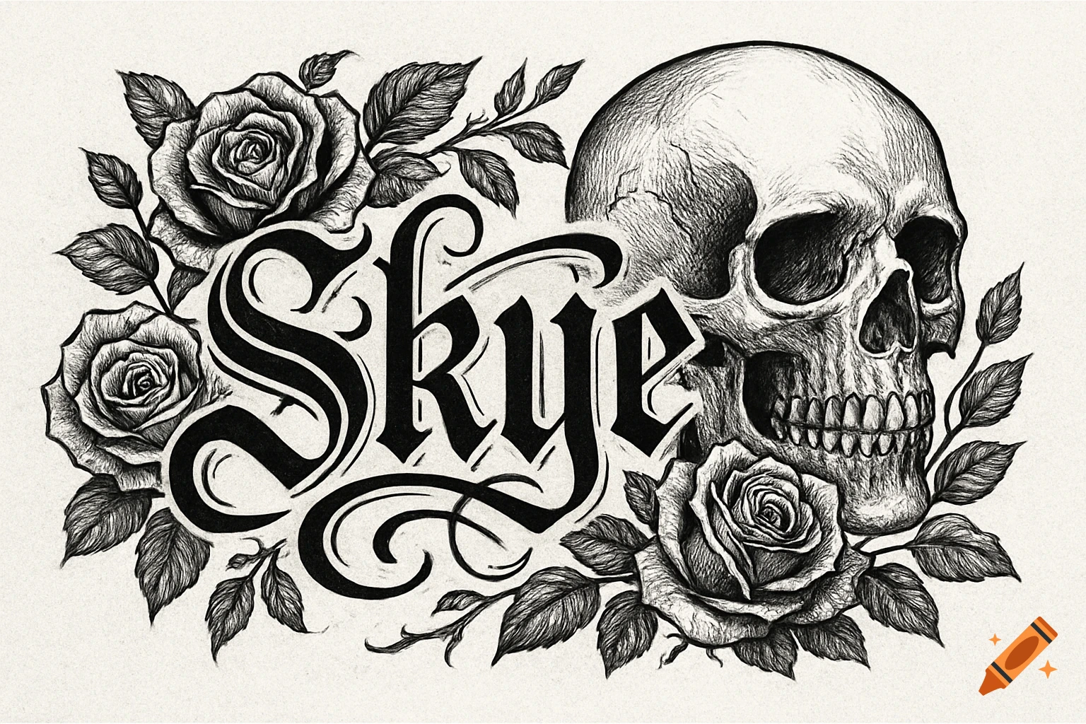 Black and white gothic drawing of a skull, roses, and the name Skye in fancy script.