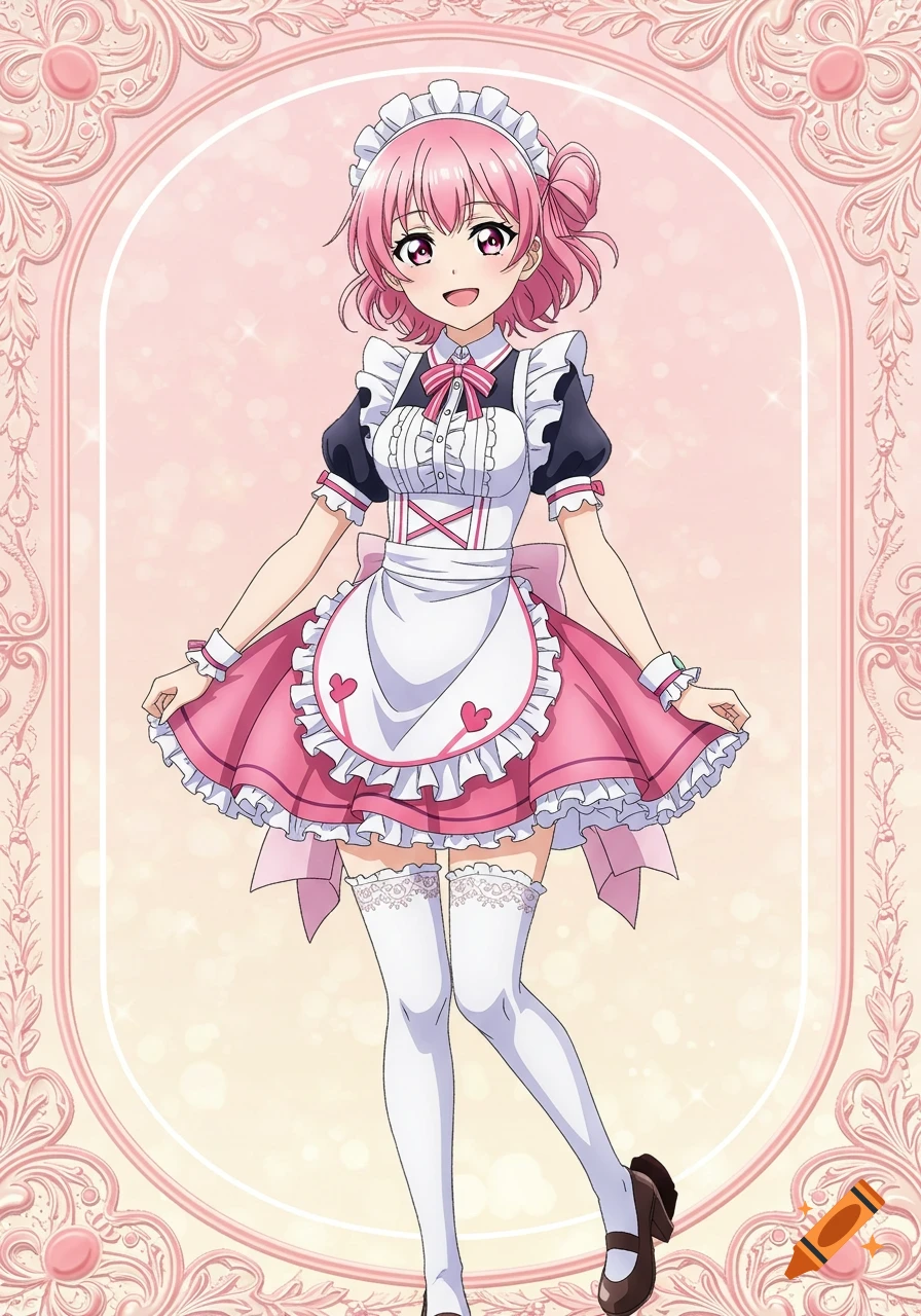 Anime girl with pink hair in a pink and black maid dress