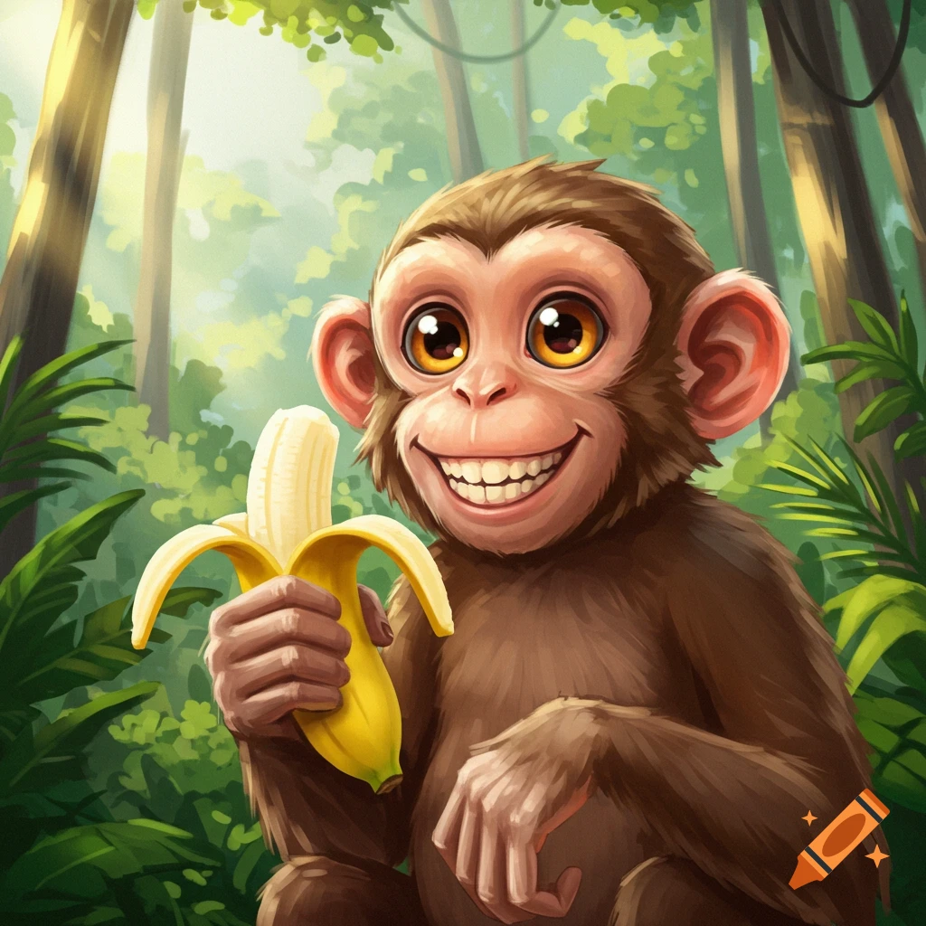 A smiling cartoon monkey holds a peeled banana in a jungle illustration.