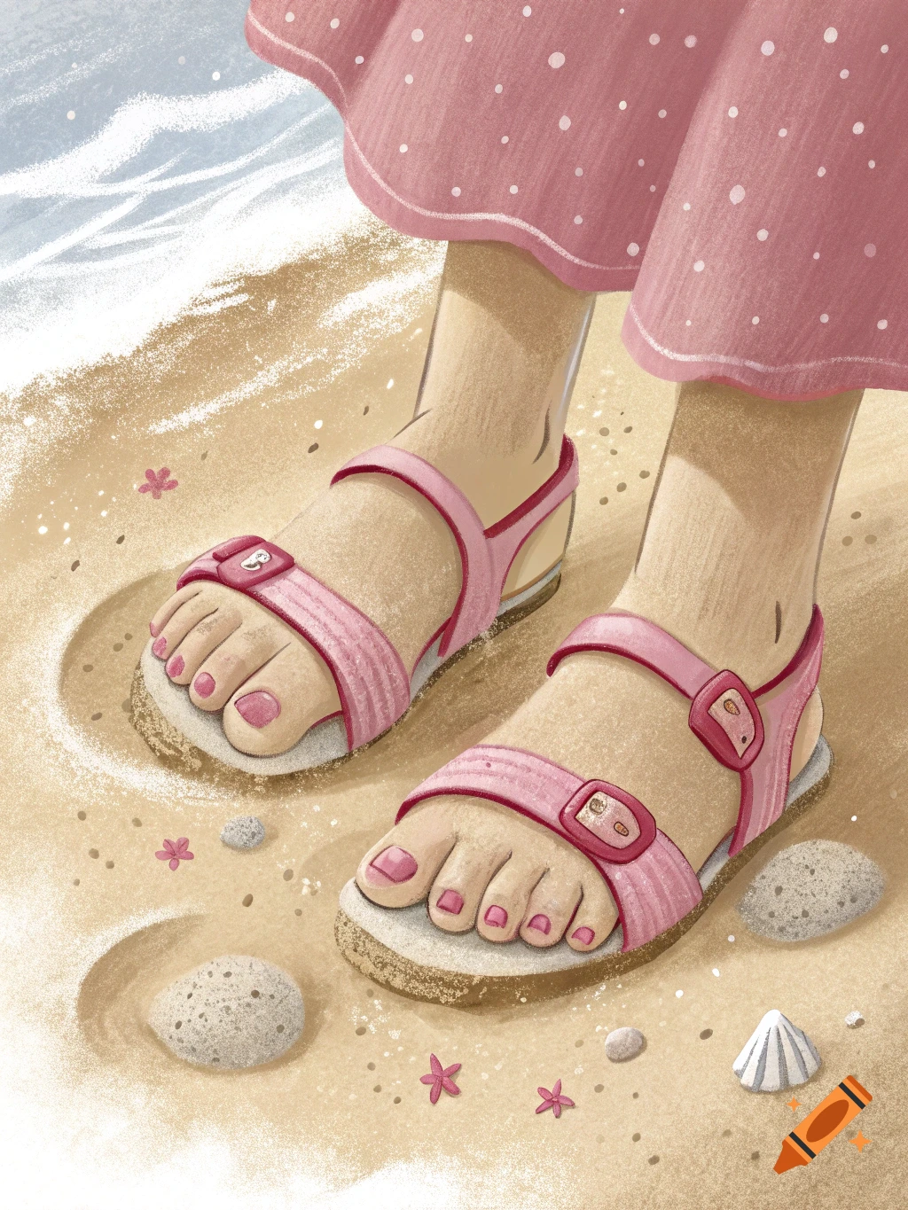 Illustration of feet wearing pink sandals on a sandy beach