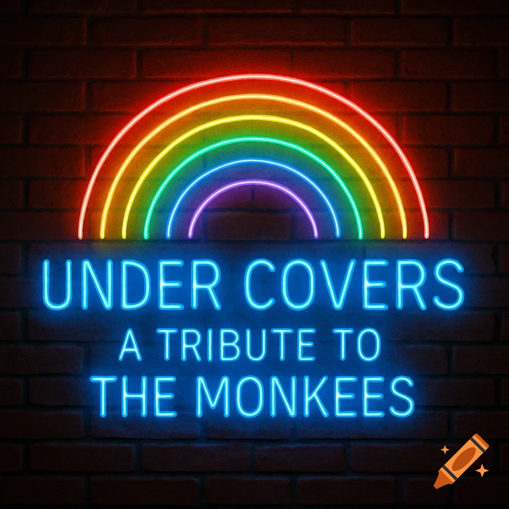 Neon sign with a rainbow and 'UNDER COVERS A TRIBUTE TO THE MONKEES' text on a brick wall